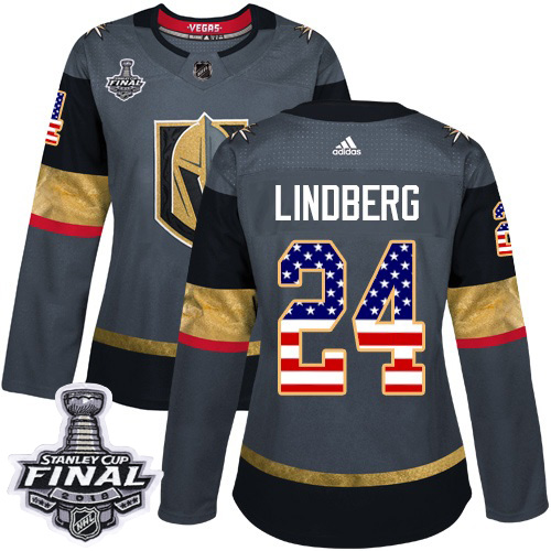 Adidas Golden Knights #24 Oscar Lindberg Grey Home Authentic USA Flag 2018 Stanley Cup Final Women's Stitched NHL Jersey